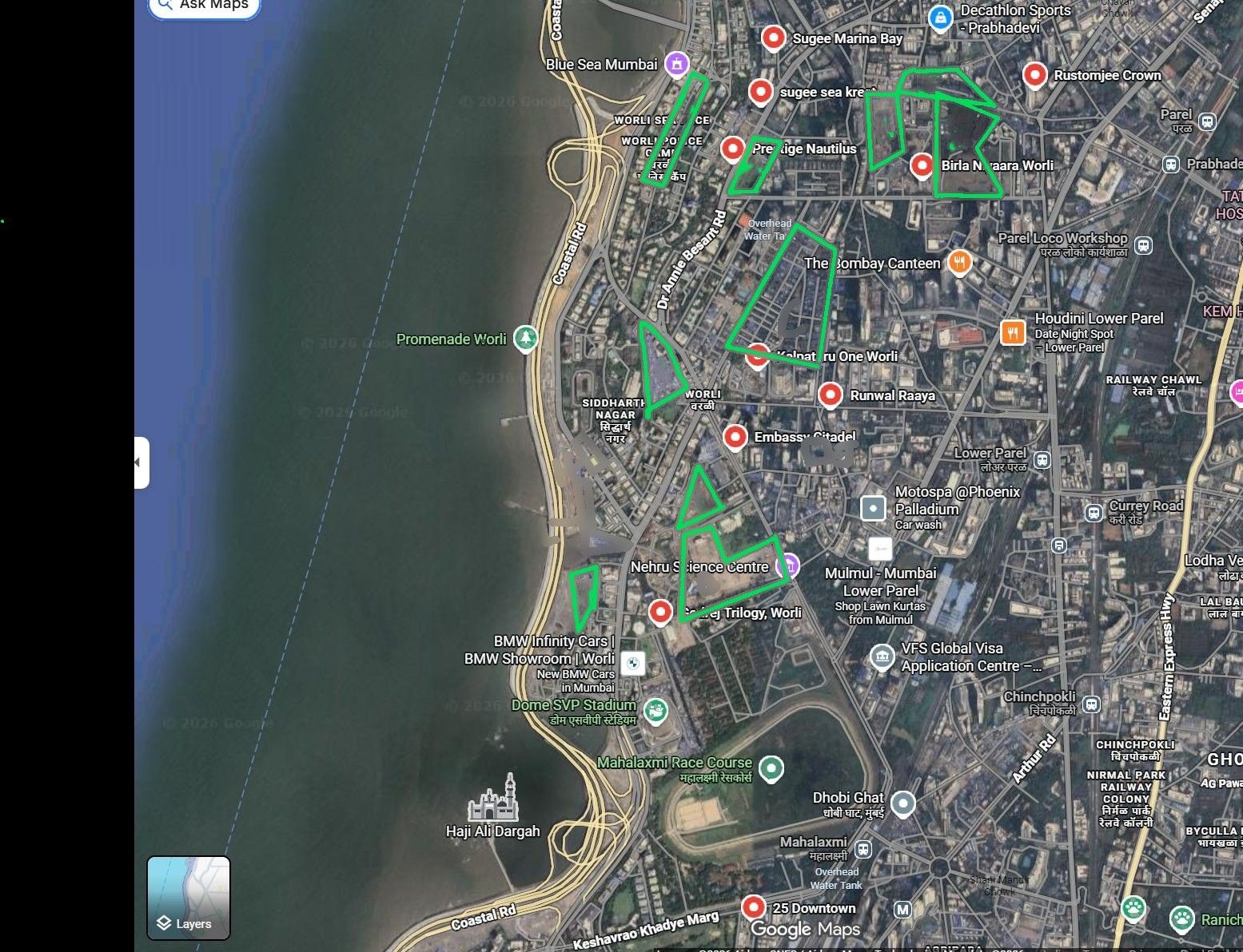 Worli sea-view corridor — satellite map of the surrounding development pipeline