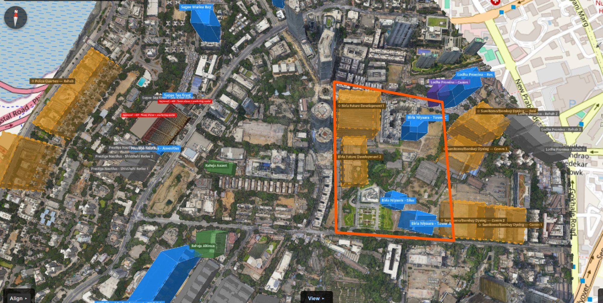 Rexray View Map: Birla Niyaara and the Worli–Prabhadevi corridor modelled at 2032