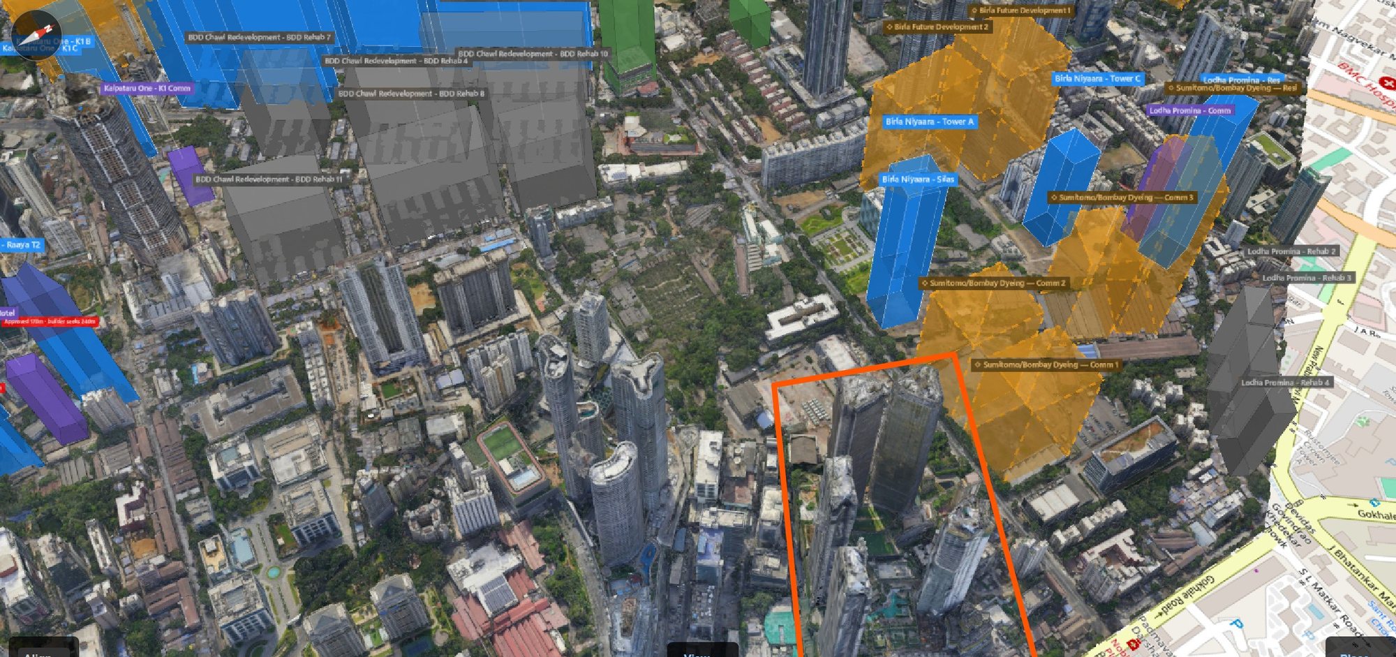 Rexray View Map: Lodha Park (Adrina) and its surrounding development modelled at 2032
