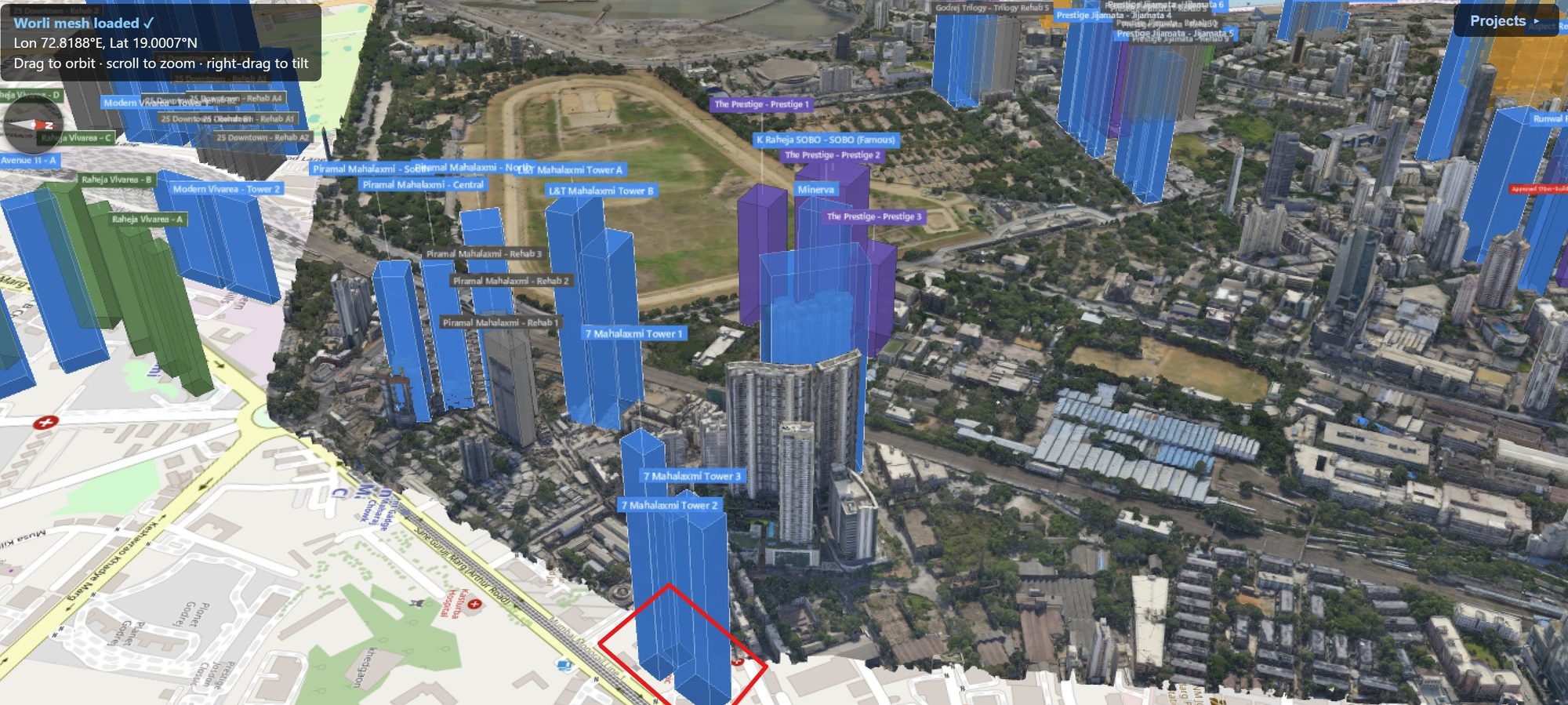Rexray View Map: 7 Mahalaxmi - Tower 3 and its surrounding development modelled at 2032