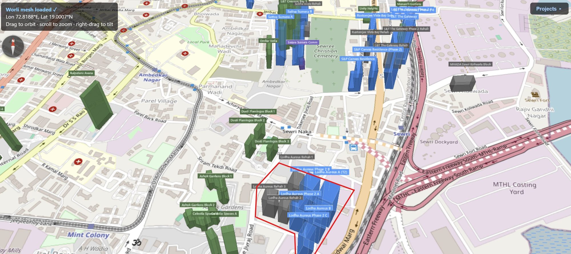 Rexray View Map: Lodha Aureus and its surrounding development modelled at 2032